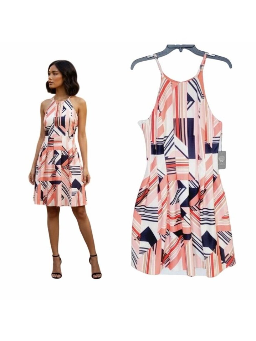 ⭐Vince Camuto Sz 8 Scuba Halter Fit & Flare Poppy Multi Pockets Sleeveless Dress